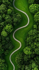 Aerial View of Winding Path Through Lush Green Landscape