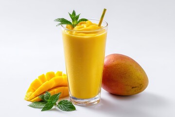 Chilled mango shake or smoothie with yogurt and milk, served in a transparent glass, isolated on white background, creamy and delicious tropical beverage
