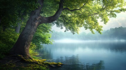 Tranquil Lakeside Scene with Lush Greenery and Misty Atmosphere