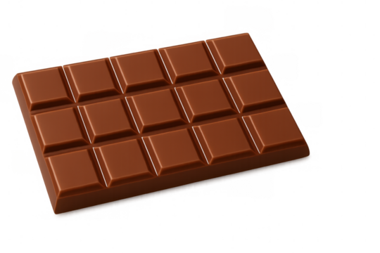 Milk chocolate bar breaking into pieces, showcasing glossy texture and rich brown color against clean white space