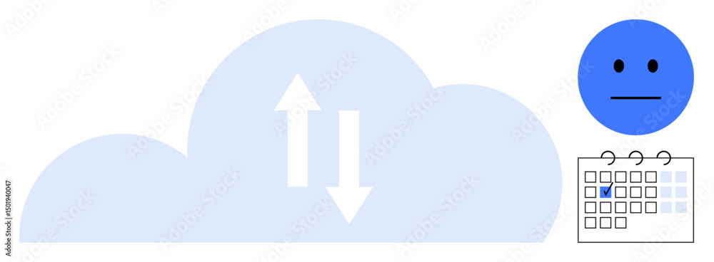 Aufkleber cloud with up and down arrows represents data exchange, alongside a calendar with a marked date and 
