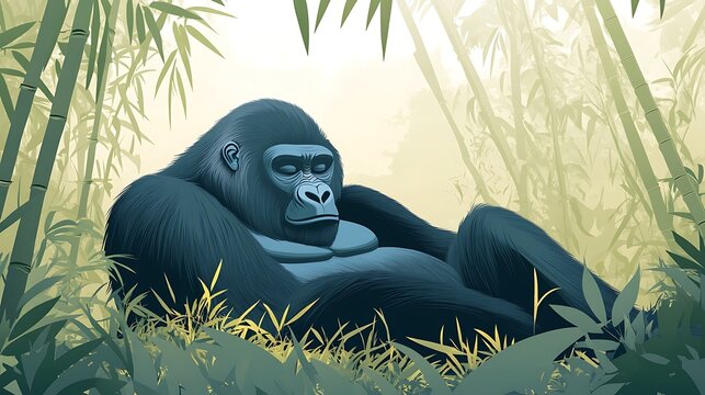 Gorilla resting peacefully in a lush jungle. - Powered by Adobe