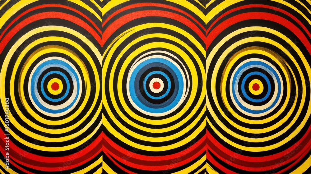 Poster vibrant circles of color in striking pattern with spirals and lines
