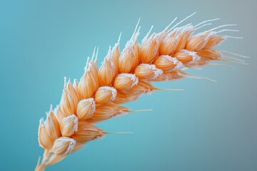 A wheat ear, tinged with gold, adorned with delicate frost crystals, displayed against a soft, blurred blue backdrop in an ethereal, wintery scene.