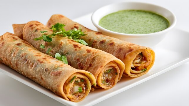 A close-up of three rolled paratha wraps, filled with tasty ingredients and served on a white plate.