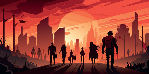 Fototapeta premium silhouettes of people city building city with sunset background