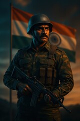 A resolute indian soldier stands with a rifle against the backdrop of the indian flag, embodying courage and patriotism in a dramatic, twilight setting.
