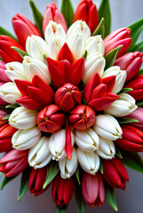 Top Down View of Beautiful  Bouquet of Tulips with Flowers  Forming the Shape of Canadian Flag  for Canada Day Celebration 