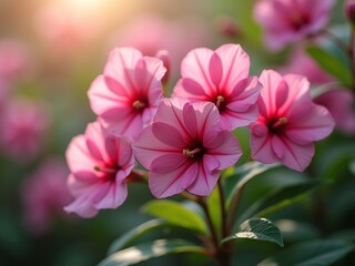 Fototapeta premium Beautiful Pink Mirabilis Flowers Blooming in the Garden Under Soft Sunlight, a Floral Still Life