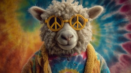 Sheep with tie-dye shirt and peace sign on rainbow background, hippie Eid ul Adha concept