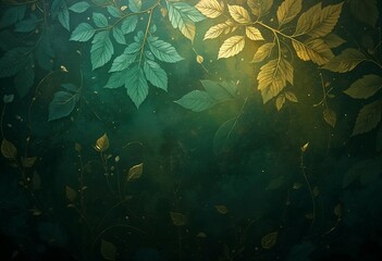 Fototapeta premium Enchanted Forest Leaves Background - Dark Green and Gold Botanical Texture