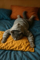 A cozy gray cat in a hoodie relaxes on a colorful bed, showcasing a playful and relaxed atmosphere perfect for pet lovers.