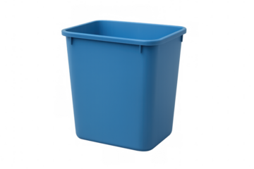 Studio shot of a simple, empty blue recycling bin, isolated on a transparent background, ready for compositing
