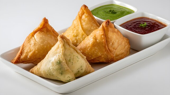 A mouthwatering presentation of freshly fried samosas with chutney and tamarind sauce. - Powered by Adobe