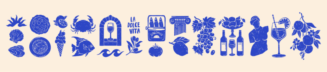 Summer Italy food print set, vector hand drawn grunge texture travel silhouette object illustration. Ocean seafood Mediterranean icon, Amalfi lemons, oranges, wine bottle, statue. Coastal Italy summer