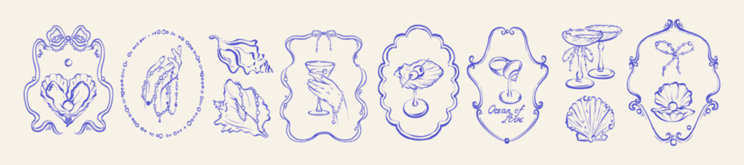 Sea whimsical wedding frame set, vector coastal ocean invitation border, elegant ribbon bow decor. Vintage doodle seashell line hand drawn illustration, coquettish woman hand, pearl. Whimsical frame