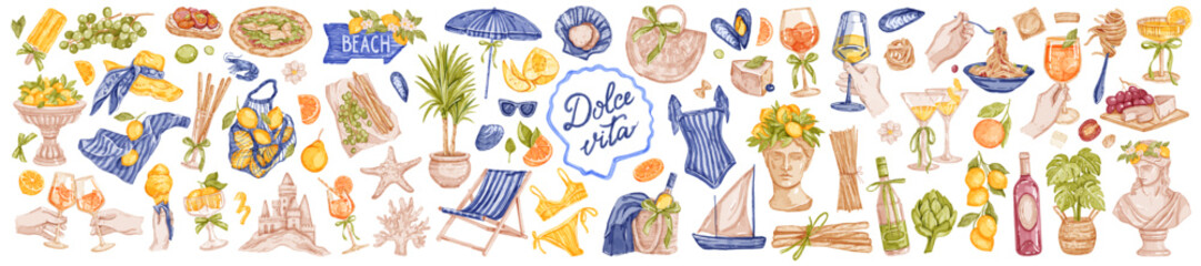 Plakat Watercolor Italy summer vacation illustration, hand drawn mediterranean travel beach sticker set. Vector Italian traditional food print, Amalfi coastal aesthetic print, hand, wine glass. Italy summer
