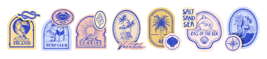 Summer ocean beach sticker set, vector engraving retro tropical sea label exotic vintage logo kit. Hand drawn postage tourism travel badge surf club sign, coastal marine design element. Summer sticker