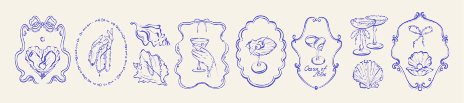 Sea whimsical wedding frame set, vector coastal ocean invitation border, elegant ribbon bow decor. Vintage doodle seashell line hand drawn illustration, coquettish woman hand, pearl. Whimsical frame