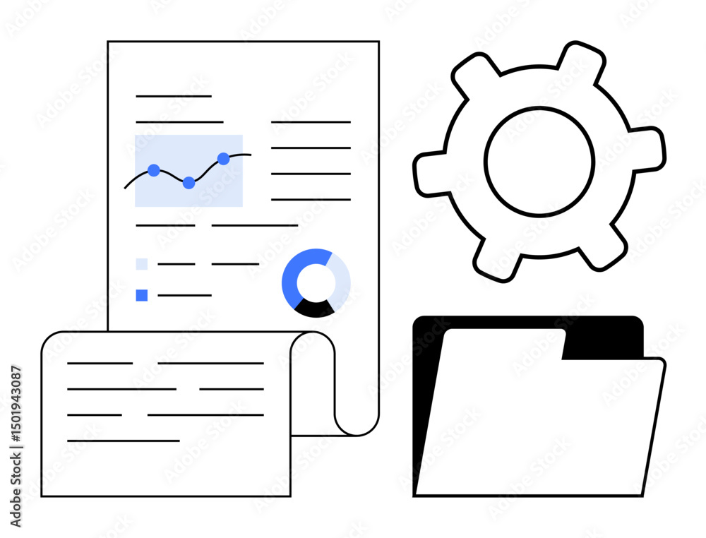 Poster analytical report with data visualization and charts next to a gear and closed folder. ideal for dat