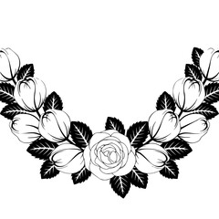 Elegant Floral Vector Border: Roses and Bud Garland, Black & White
