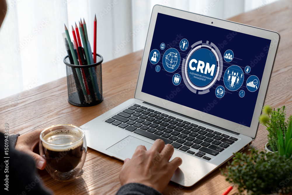 Aufkleber customer relationship management system on modish computer for crm business and enterprise