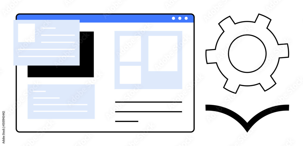 Poster webpage layout with popup elements, gear, and book symbolizing customization, automation, and knowle