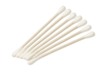 Seven cotton swabs arranged neatly, showcasing hygiene and personal care essentials on a transparent background for versatile use