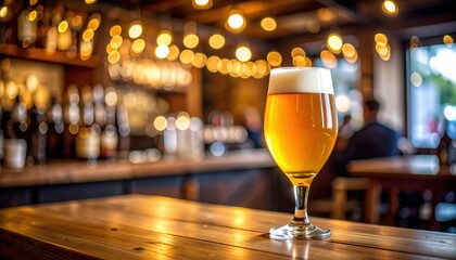Cheers! enjoying craft beer in a cozy bar setting with warm lighting and rustic decor