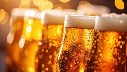 Celebration event with craft beer glasses cozy pub setting beverage photography warm lighting close-up view joyful atmosphere