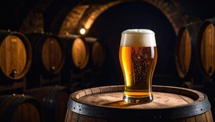 Refreshing beer glass brewery cellar beverage rustic environment close-up craftsmanship and quality