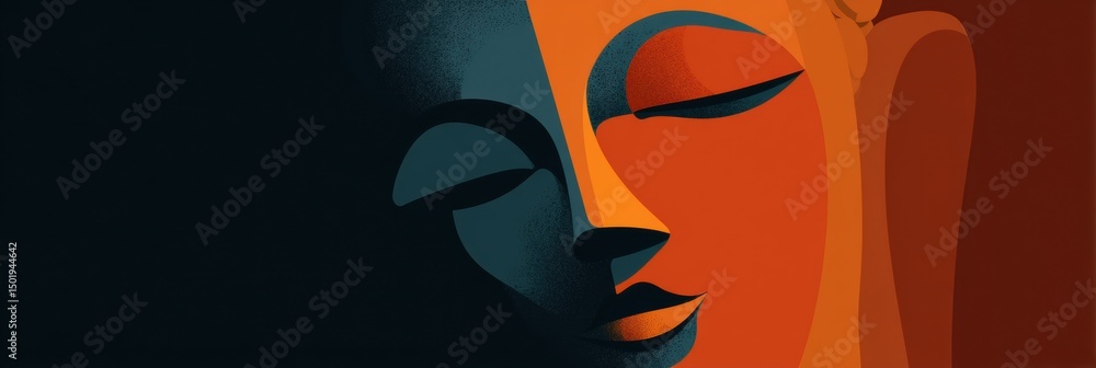 Poster buddha face in serene flat design showcasing calm expression and warm colors