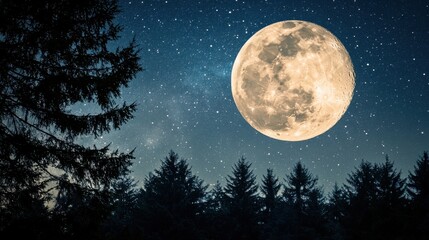 Fototapeta premium Enchanting Night Sky with Full Moon Over Dense Pine Forest