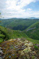 Vibrant landscape of lush green hills under a partly cloudy sky photographed from a high vantage...