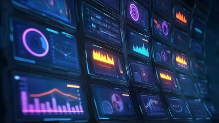 Multiple digital screens displaying various graphs, charts, and data visualization interfaces with glowing blue and purple color palette - Powered by Adobe