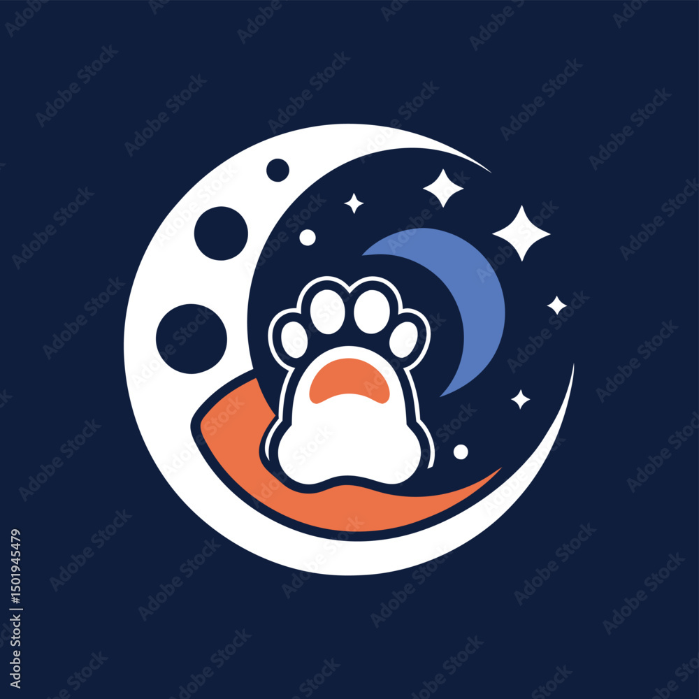 Poster cute animal astronaut logo design featuring a paw print in space with planets and stars on a dark ba