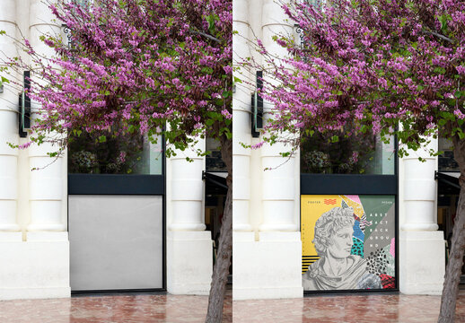 Floral decor surrounds an advertisement mockup in Valencia.
