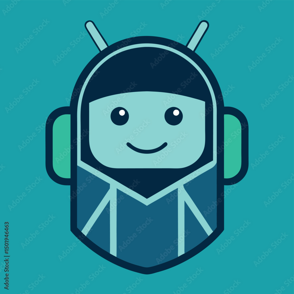 Poster Cheerful robot character design for technology and innovation in a modern digital landscape illustrating artificial intelligence concepts