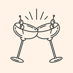 Cocktail glasses with olives icon.Cheers symbol.Party and celebration simple minimal Pictogram.Cocktail party invitation sign for greeting cards, postcards, invitations,menu.Vector illustration EPS10