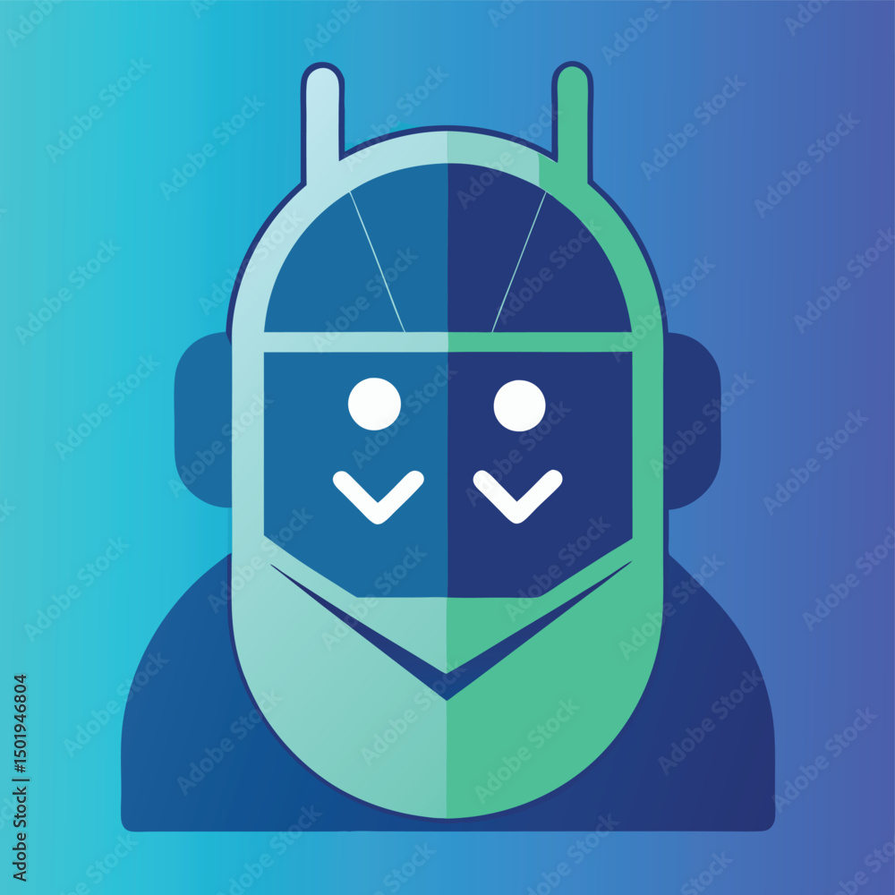 Poster Cheerful robot character design for technology and innovation in a modern digital landscape illustrating artificial intelligence concepts
