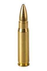 Close-up of a gold-colored bullet isolated on transparent background, metallic shine and realistic details, product shot for design or advertising