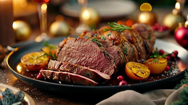 A tasty holiday meal served on a plate with rosemary and garlic garnish.