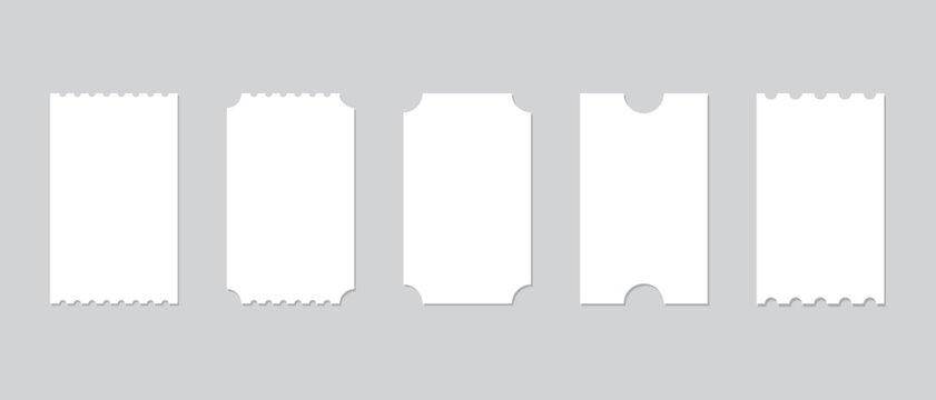 Set of white vector ticket mockups with ruffle edges and shadows. Movie, transport or theater ticket. Boarding blank, lottery, sale.