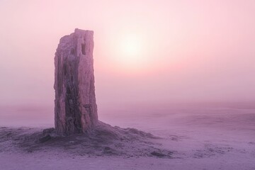 Ethereal rock formation shrouded in mist, bathed in soft pink hues of dawn or dusk. 
