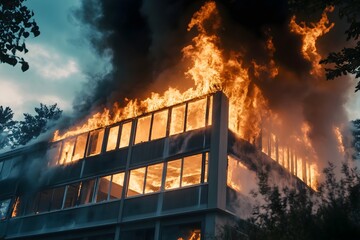 Dramatic scene of an office building on fire, with massive orange flames and thick black smoke billowing into the dark sky, a symbol of destruction and disaster