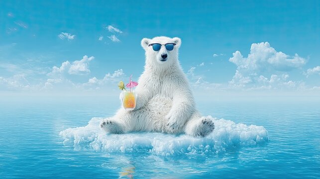 Cool polar bear wearing sunglasses relaxing on ice with tropical drink in hand under bright blue sky