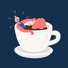 Cartoon vector illustration of a woman in a swimsuit relaxing inside a giant hot coffee cup, surreal and cozy concept against dark background