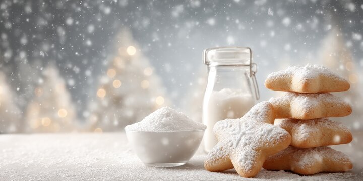 Fresh cookies and a glass of milk on a wooden table, natural light, cozy snack setup.