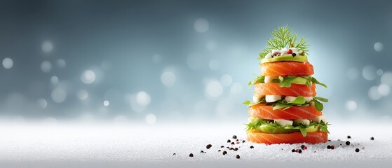 Stack of fresh salmon and colorful vegetables arranged on a white plate in natural daylight.