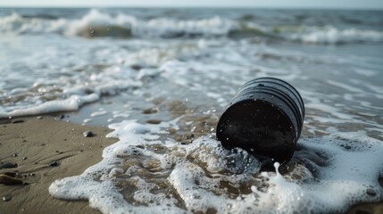 Black oil barrels on the beach